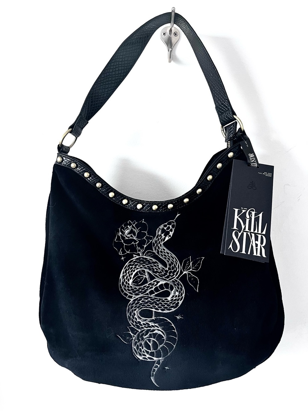 Killstar Serpent and Thorn Black Shoulder Hobo Bag Embroidered Snake and Rose